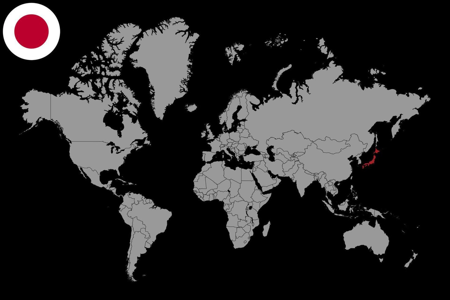 mappa pin con bandiera del giappone sulla mappa del mondo.illustrazione vettoriale. vettore