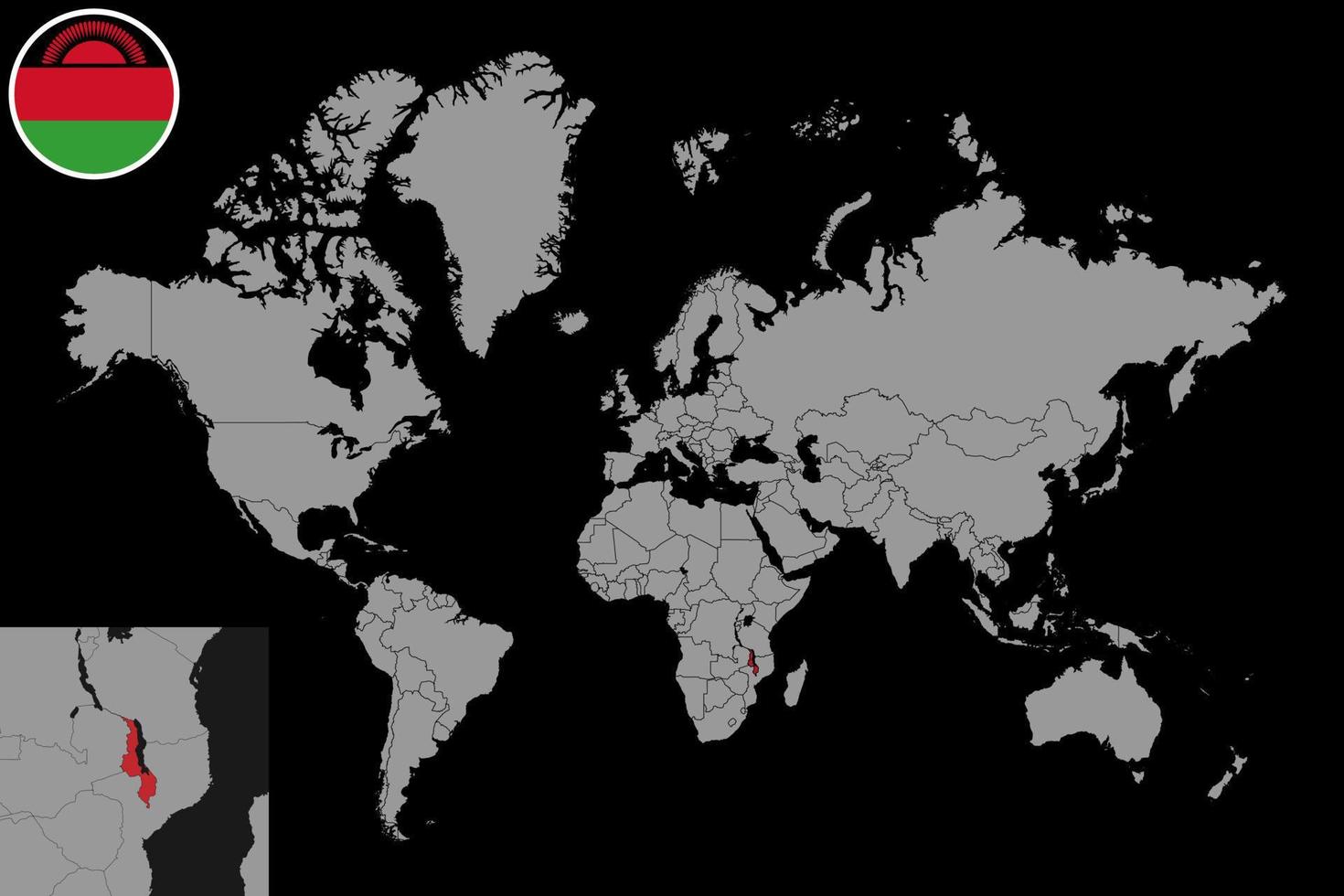 mappa pin con bandiera malawi sulla mappa del mondo. illustrazione vettoriale. vettore