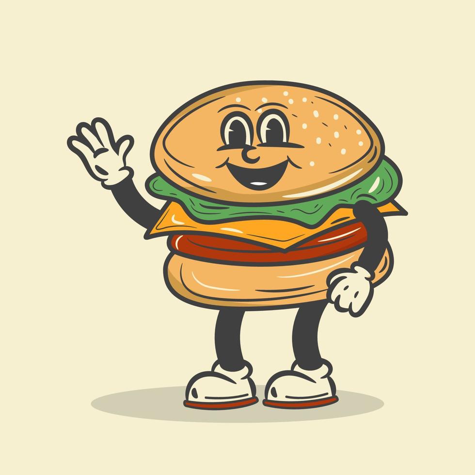 retrò hamburger cibo cartone animato personaggio vettore