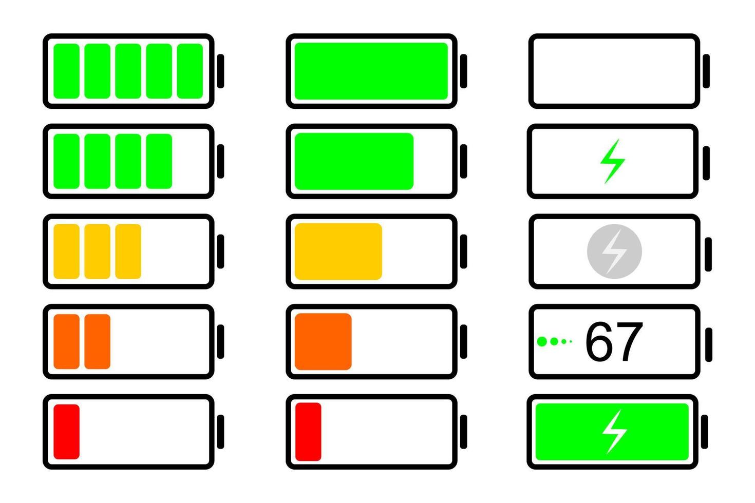 batteria caricare indicatore impostare. batteria livello di il Telefono, tavoletta, guarda. batteria icona. vettore