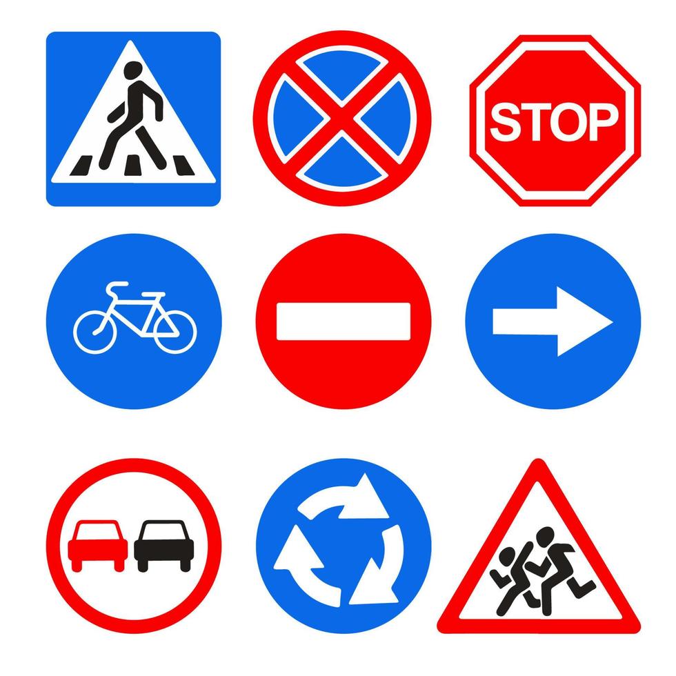 vettore strada segni. pedone traversata, no fermarsi, fermare, ciclo sentiero, no iscrizione, no sorpasso, rotatoria.