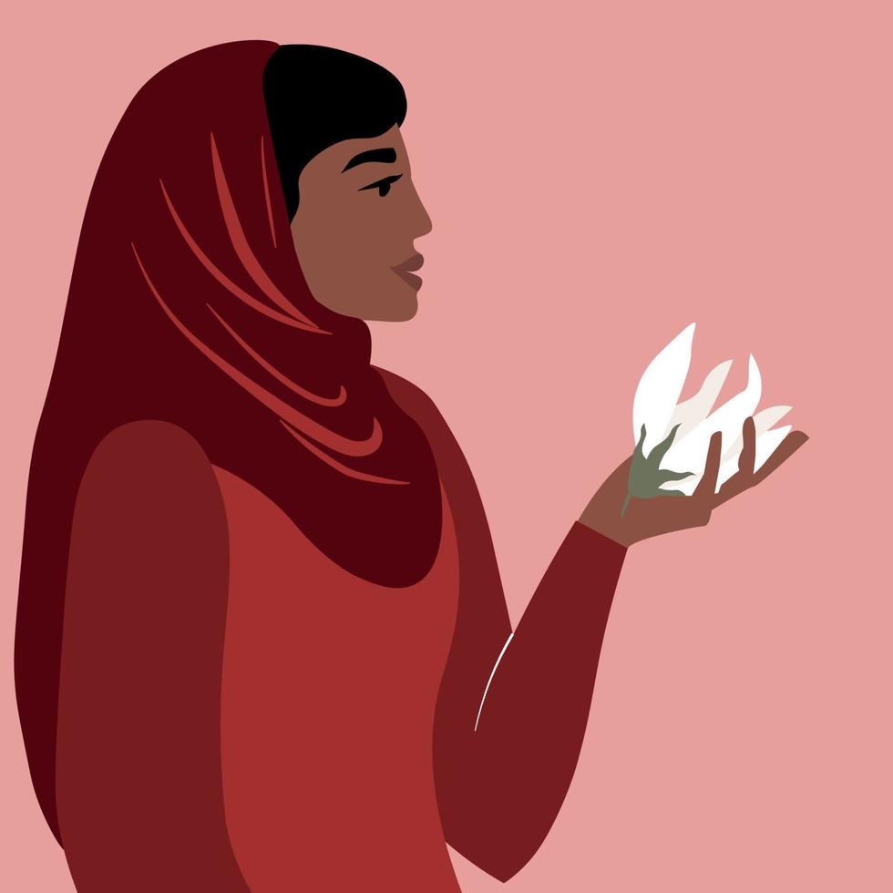 un' ragazza nel un' hijab con Aperto capelli nel profilo. un' simbolo di musulmano Da donna lotta per diritti. vettore grafica.