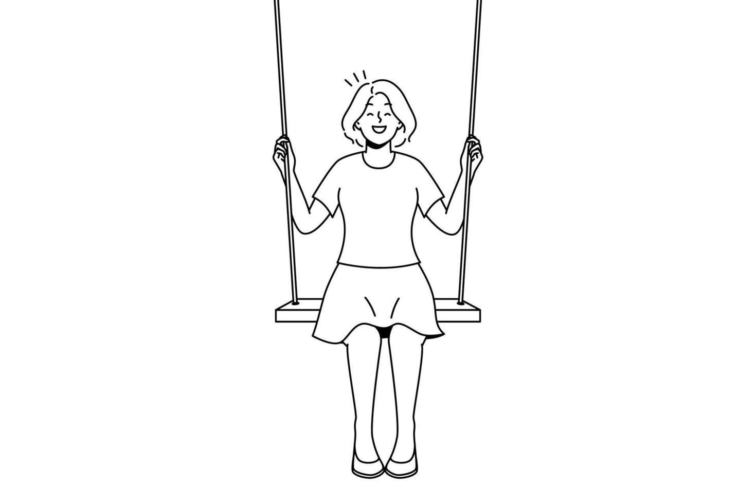 sorridente giovane donna sedersi su swing nel nuvole sognando. contento ragazza ondeggiante su inclinazione nel cielo. sognatore e visualizzazione. vettore illustrazione.