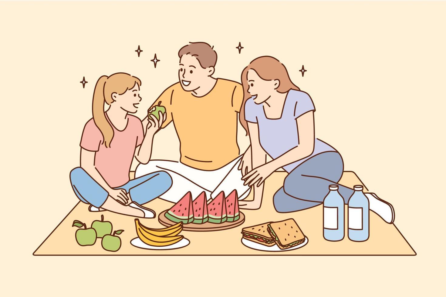 avendo picnic e tempo libero tempo con famiglia concetto. sorridente contento famiglia padre madre figlia seduta insieme mangiare frutta avendo picnic vettore illustrazione