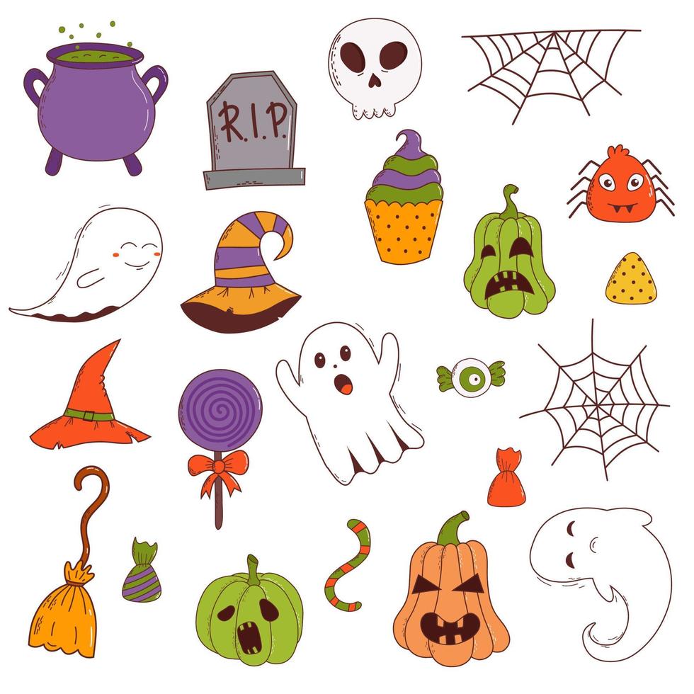 divertente Halloween impostato zucca, fantasma, strega cappello, pipistrello, dolci, ragno, scopa. trucco o trattare concetto. vettore illustrazione nel mano disegnato stile