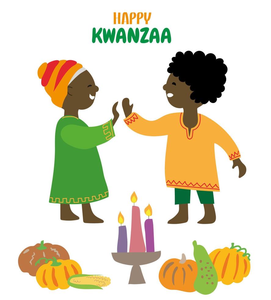 contento Kwanzaa saluto carta. vettore illustrazione. scritta. bambini logo