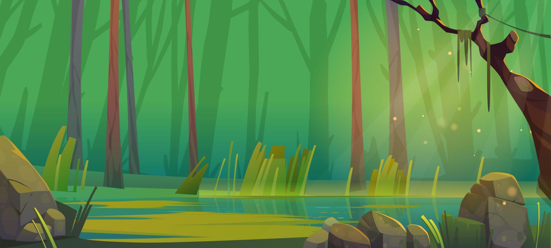 cartone animato foresta stagno o palude sfondo, in profondità legna vettore