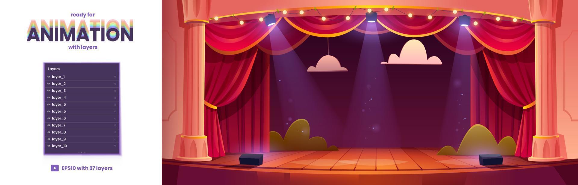 Teatro palcoscenico cartone animato sfondo per animazione vettore