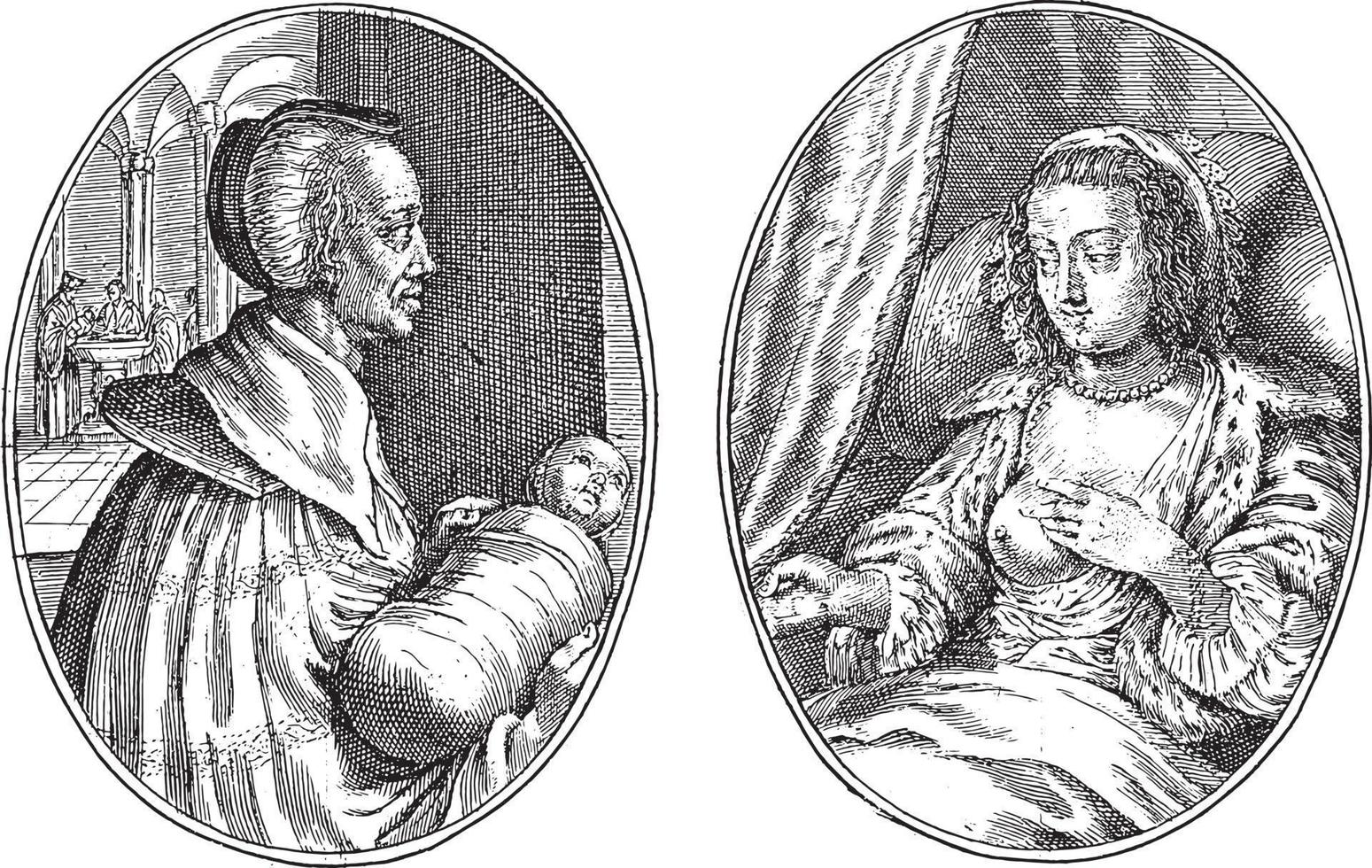 ostetrica e Perdere Katelijn, cris dolore furgone de passe ii, 1641, Vintage ▾ illustrazione. vettore