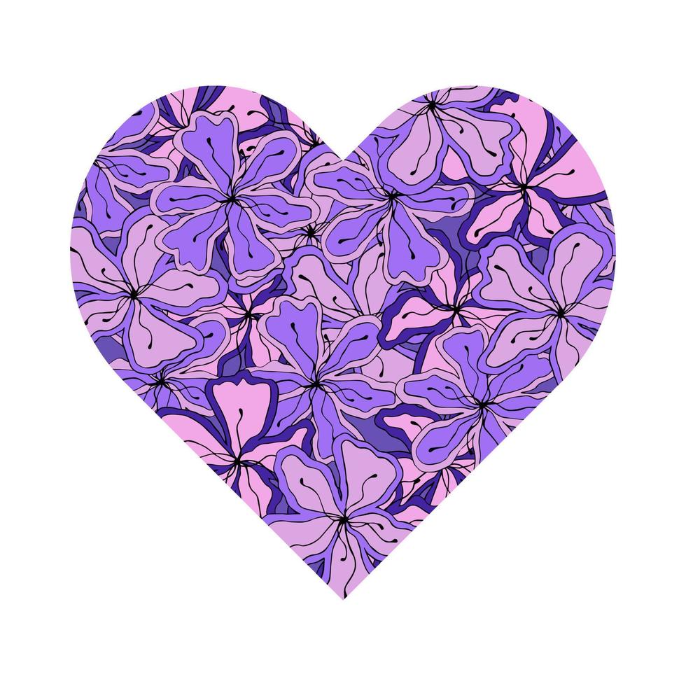 cuore forma a partire dal scarabocchio fiori, rosa e viola colore, mano disegnato. amore, san valentino giorno, passione. isolato, bianca sfondo vettore