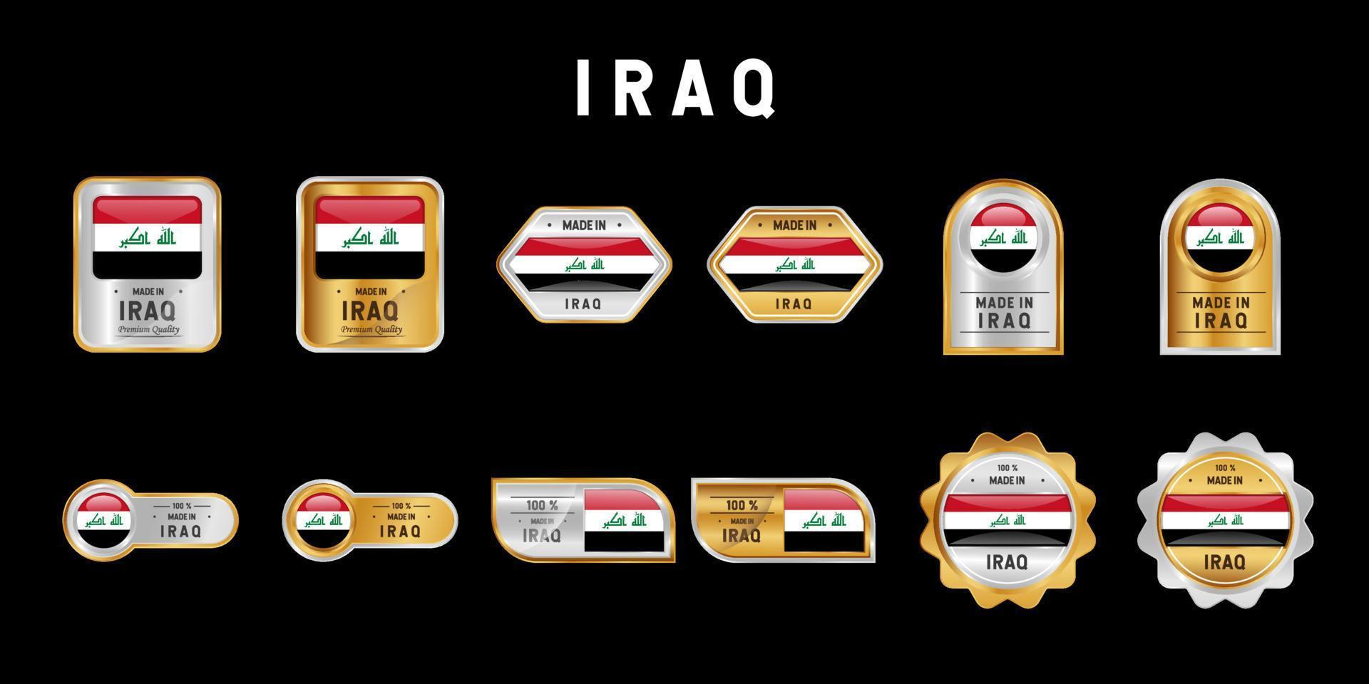 fatto nel Iraq etichetta, francobollo, distintivo, o logo. con il nazionale bandiera di Iraq. su platino, oro, e argento colori. premio e lusso emblema vettore