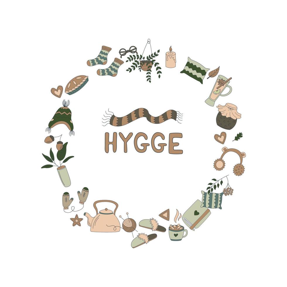 hygge. poltrona, il camino, caldo Abiti, caldo bevande, un' torta, autunno le foglie e altro cose nel il forma di un' cerchio. piatto vettore illustrazione nel scarabocchio stile.