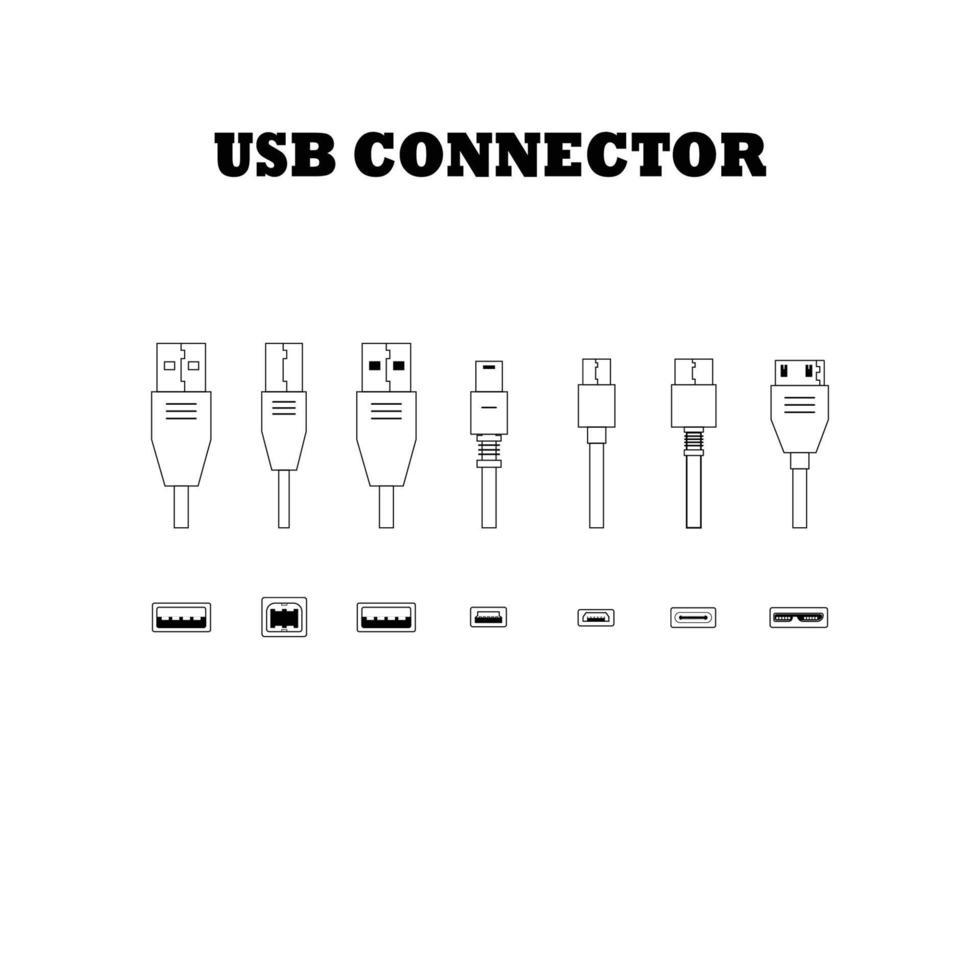 USB connettore linea arte icona impostato su isolato sfondo vettore