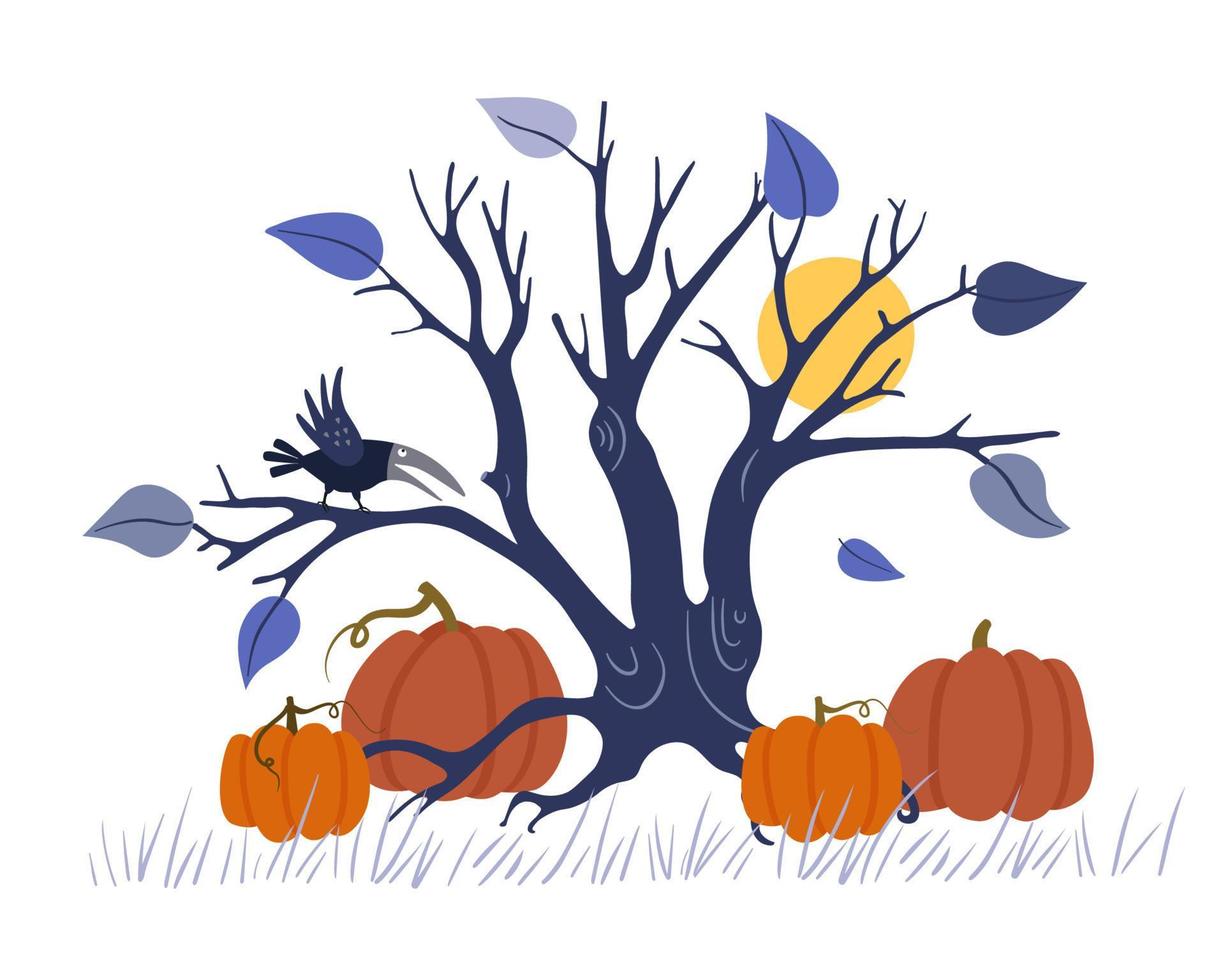 Halloween scena. pauroso albero con rami, un' corvo, Luna e zucche isolato su un' bianca sfondo. vettore