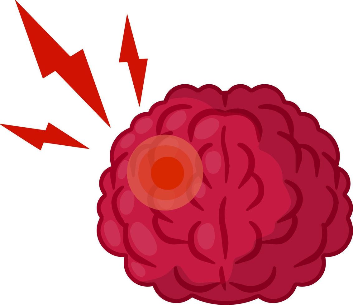 male alla testa. rosso individuare nel umano cervello. dolore con rosso fulmine. problema con testa. medico cura. cartone animato piatto illustrazione vettore