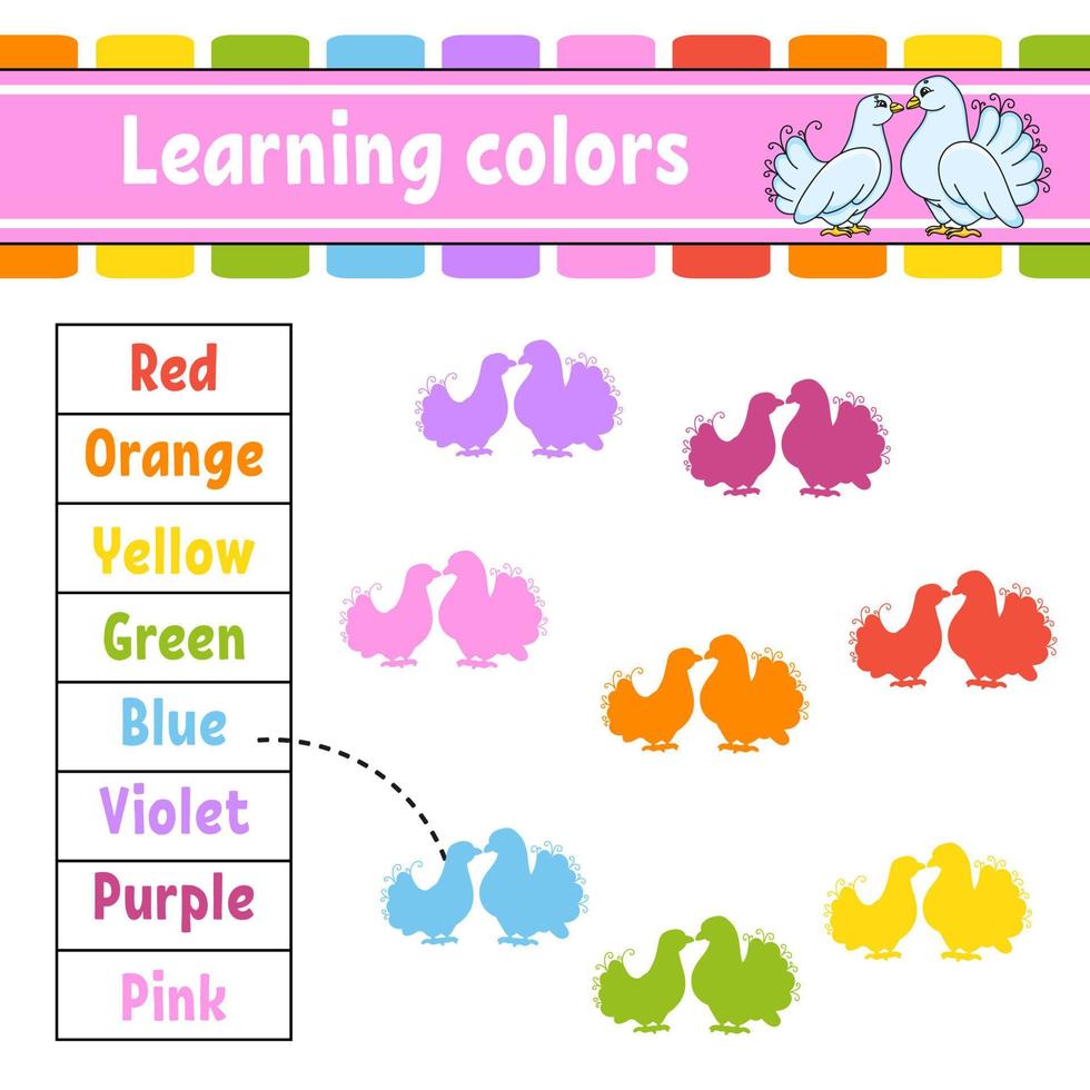 apprendimento colori. formazione scolastica sviluppando foglio di lavoro. attività pagina con immagini. gioco per bambini. divertente carattere. cartone animato stile. vettore illustrazione.