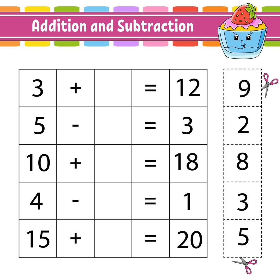 addizione e sottrazione. compito per i bambini. taglia e incolla. foglio di lavoro per lo sviluppo dell'istruzione. pagina delle attività. gioco per bambini. personaggio divertente. illustrazione vettoriale isolato. stile cartone animato.