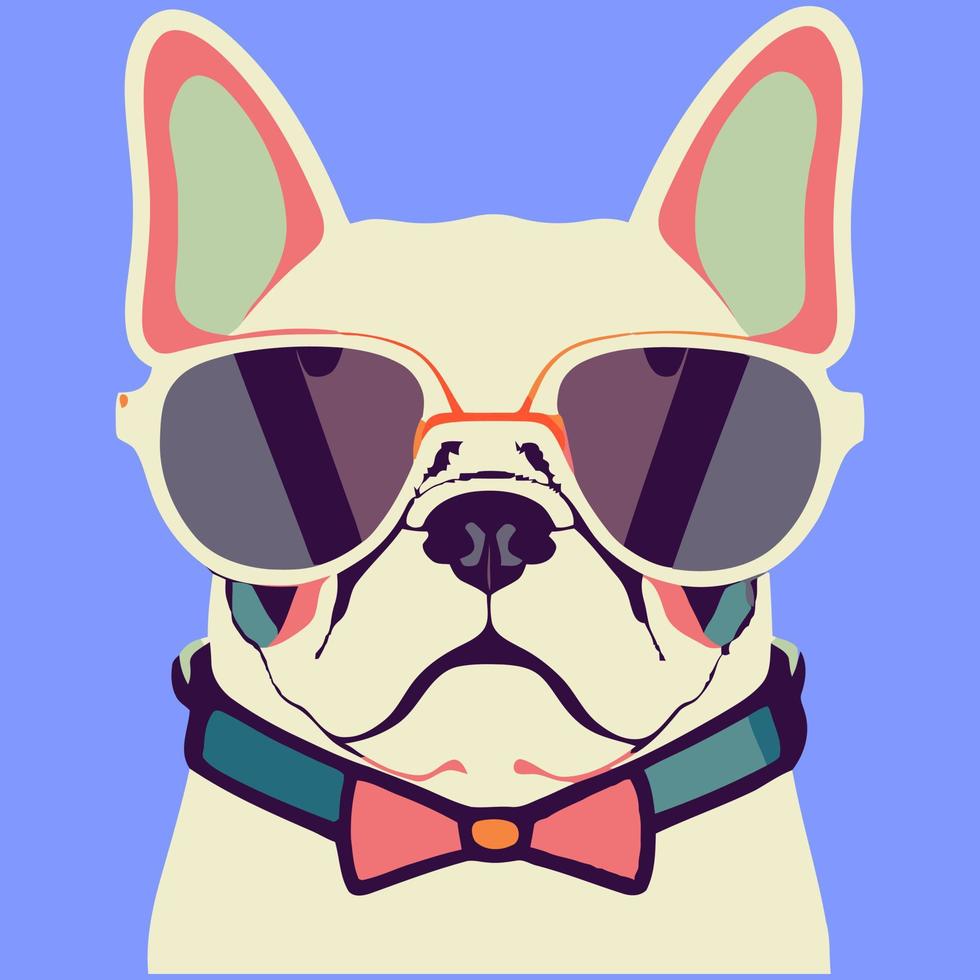 illustrazione vettore grafico di francese bulldog indossare arco cravatte e occhiali da sole isolato bene per logo, icona, mascotte, Stampa o personalizzare il tuo design
