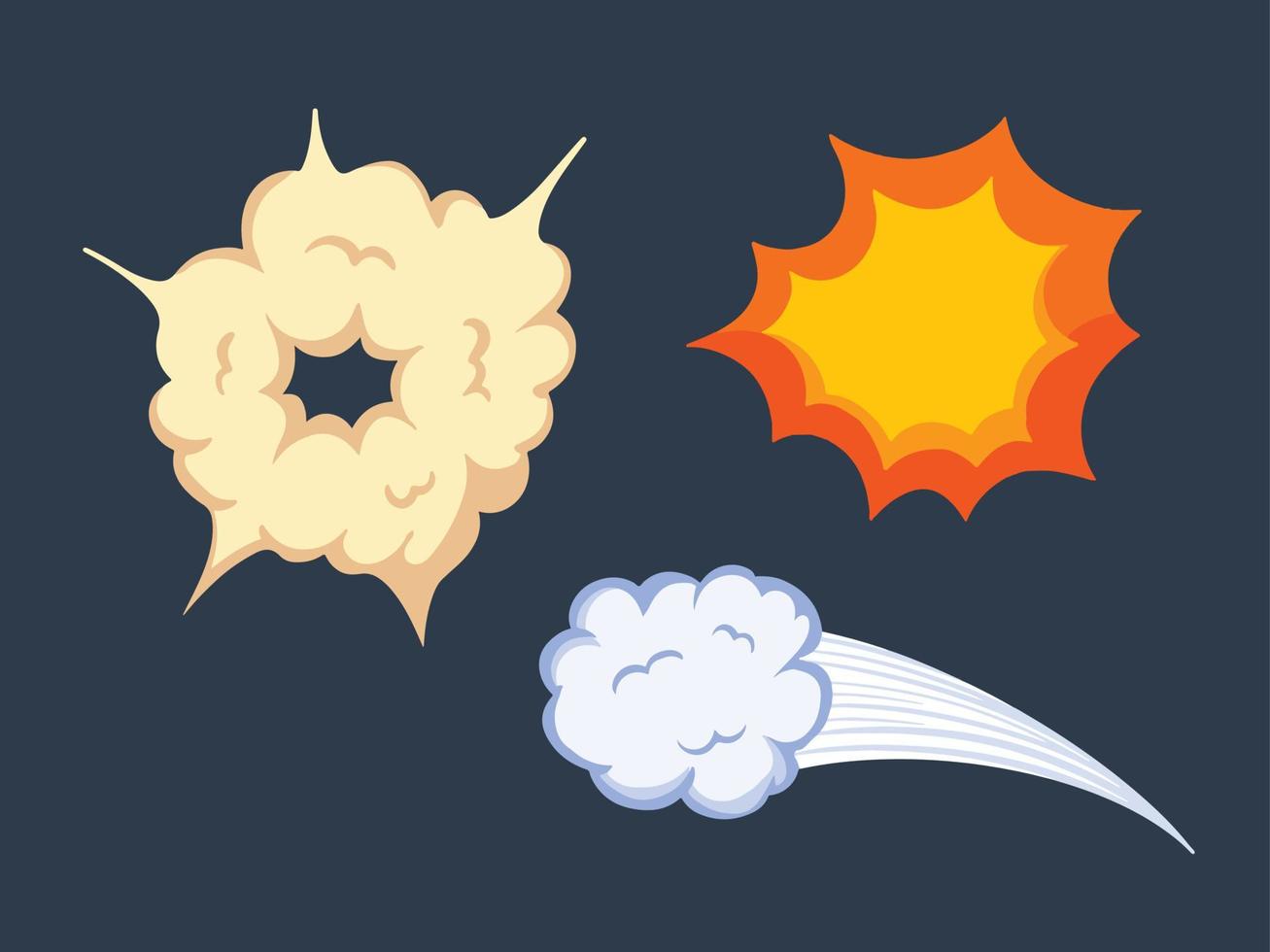 nuvole, boom, e whoosh cartone animato effetto decorazione impostare. vettore illustrazione di esplosione elemento disegno con cartone animato piatto arte stile e vivace colori
