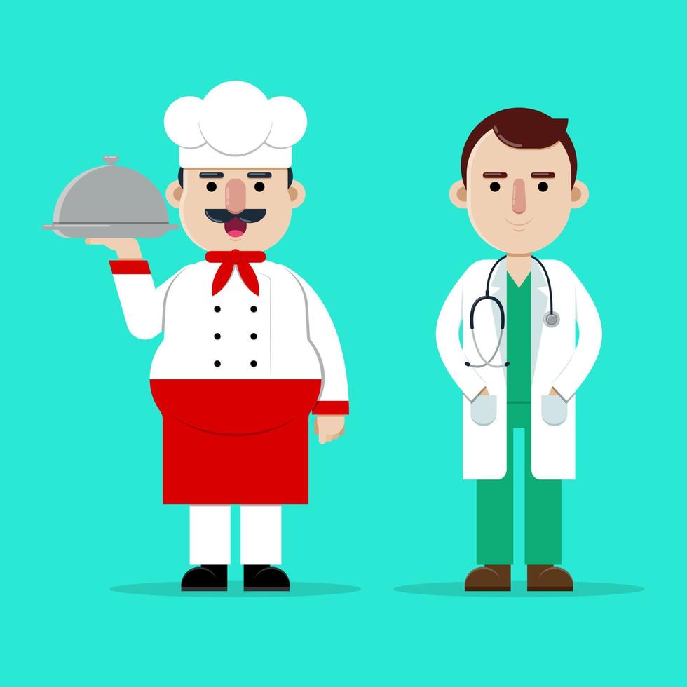 vettore illustrazione di un' cartone animato personaggio con diverso professioni, un' medico e chef.