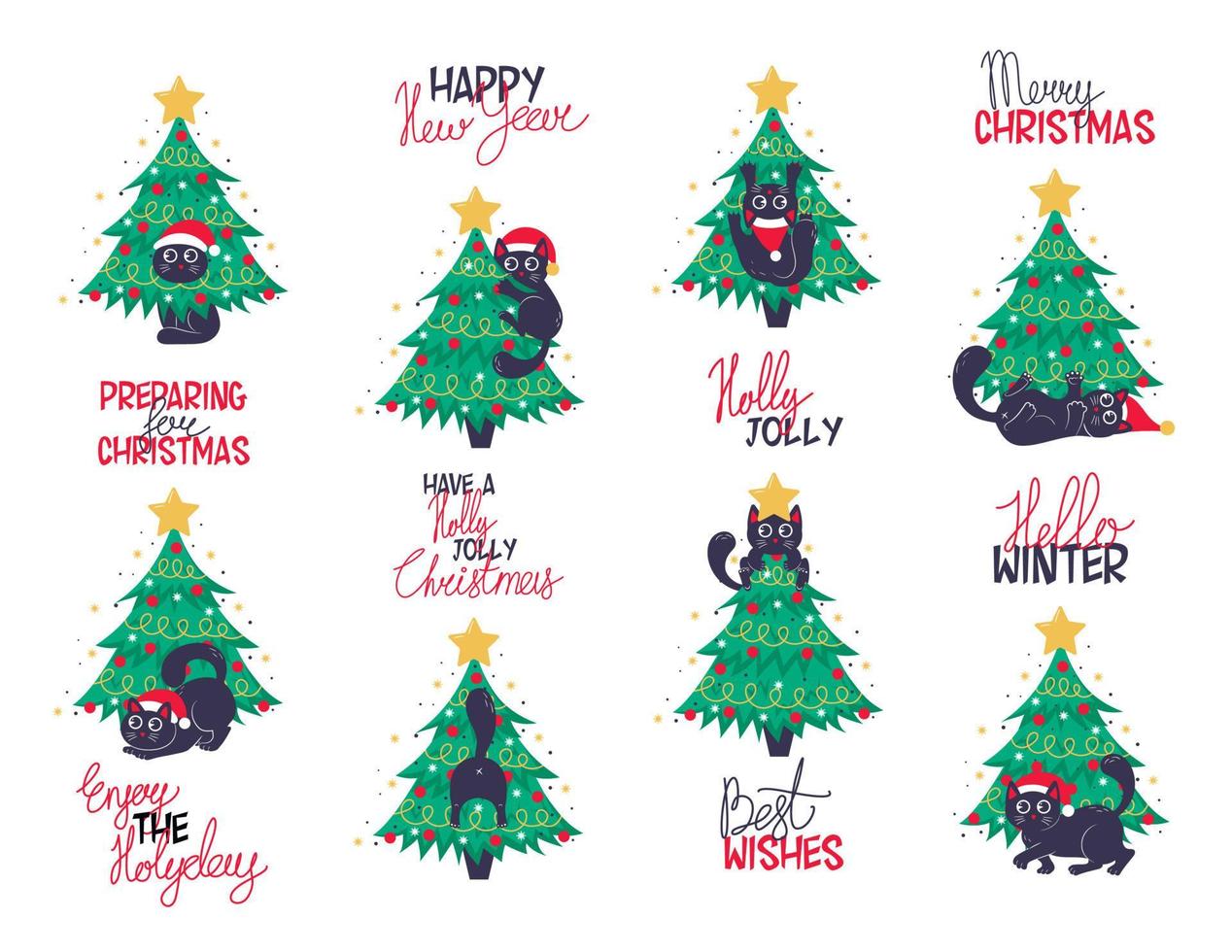 fascio di divertente kawaii gatti giocando e arrampicata un' decorato Natale alberi e nuovo anno slogan lettering nel piatto stile isolato su bianca sfondo vettore