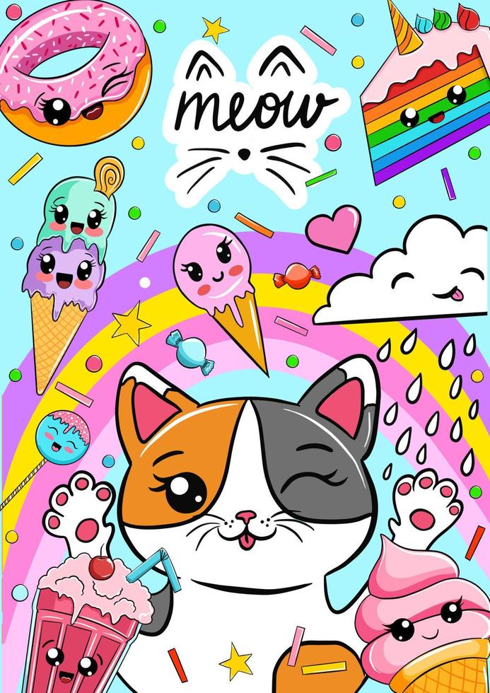 carino colorato cartolina modello con gatto e kawaii dolci. carta o compleanno invito vettore