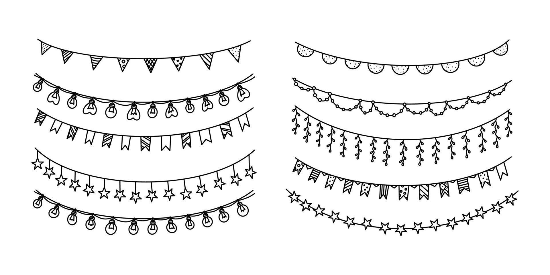 ghirlande con bandiere, bulbi e stelle per carnevale o celebrazione. impostato di arredamento ghirlande isolato su bianca sfondo. vettore illustrazione