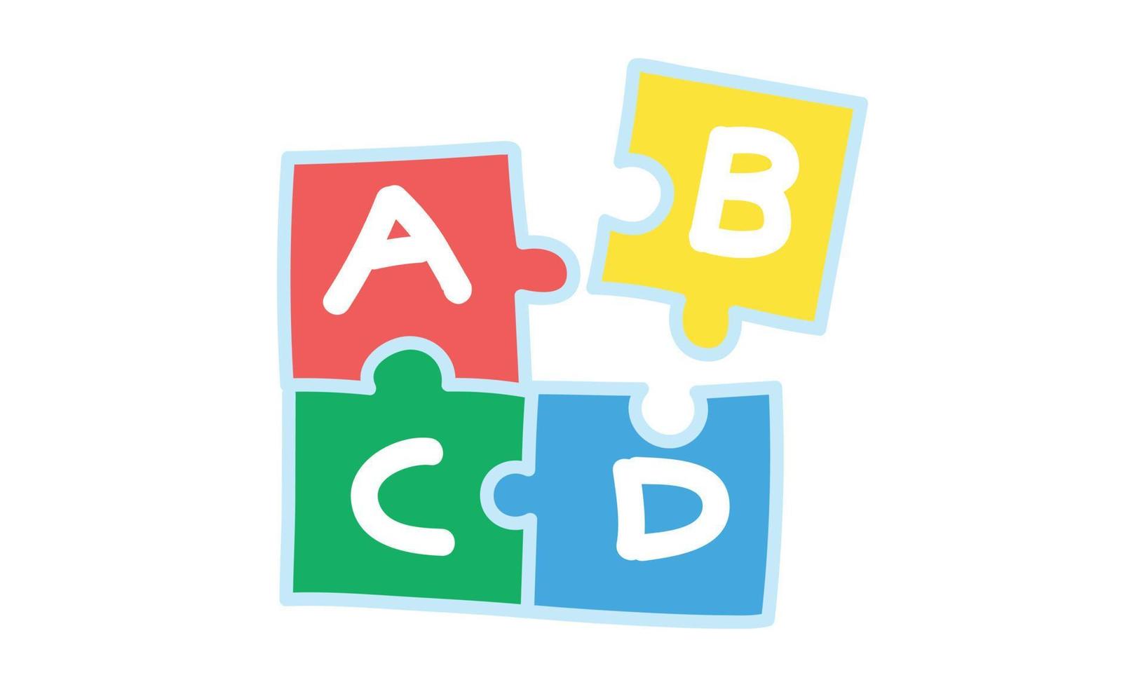 bambino puzzle clipart. semplice carino colorato schiuma puzzle con parole abcd piatto vettore illustrazione. bambino bambini giocare stuoia lettere puzzle cartone animato stile. bambini, bambino doccia, neonato, asilo decorazione concetto