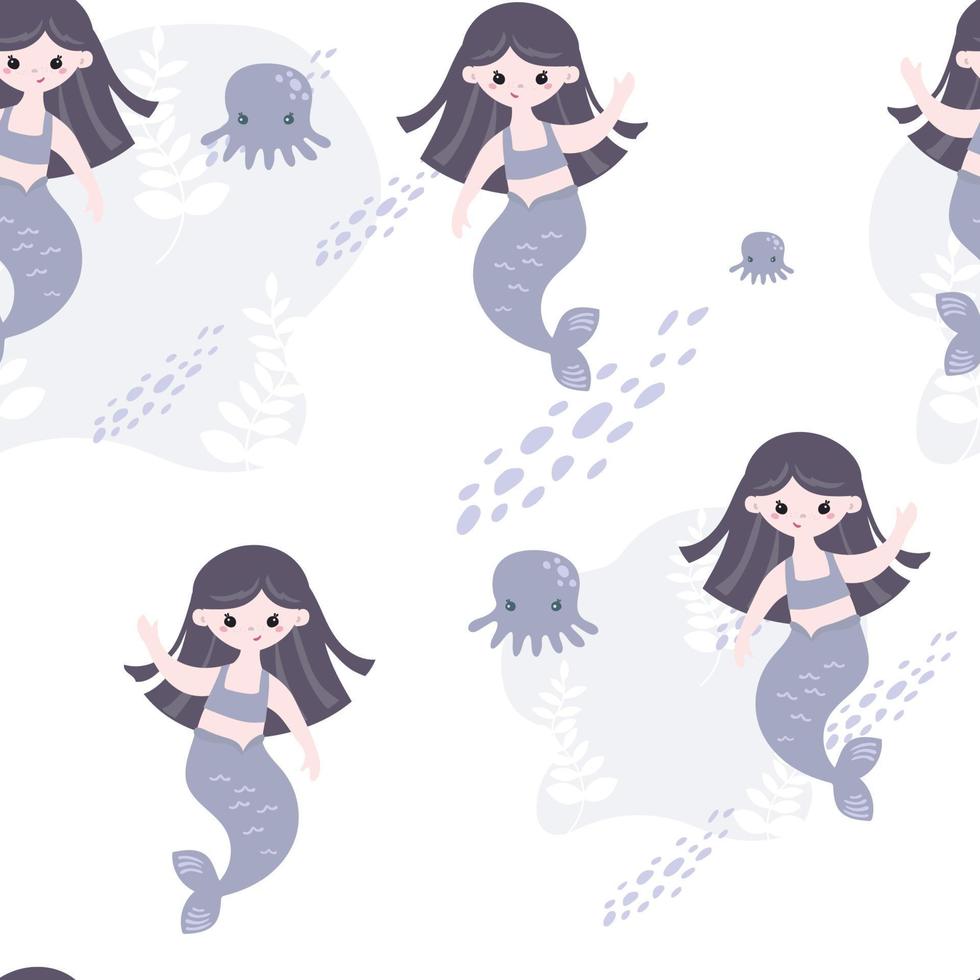 carino sirena ragazze e sottomarino animali, cartone animato stile infantile senza soluzione di continuità modello vettore