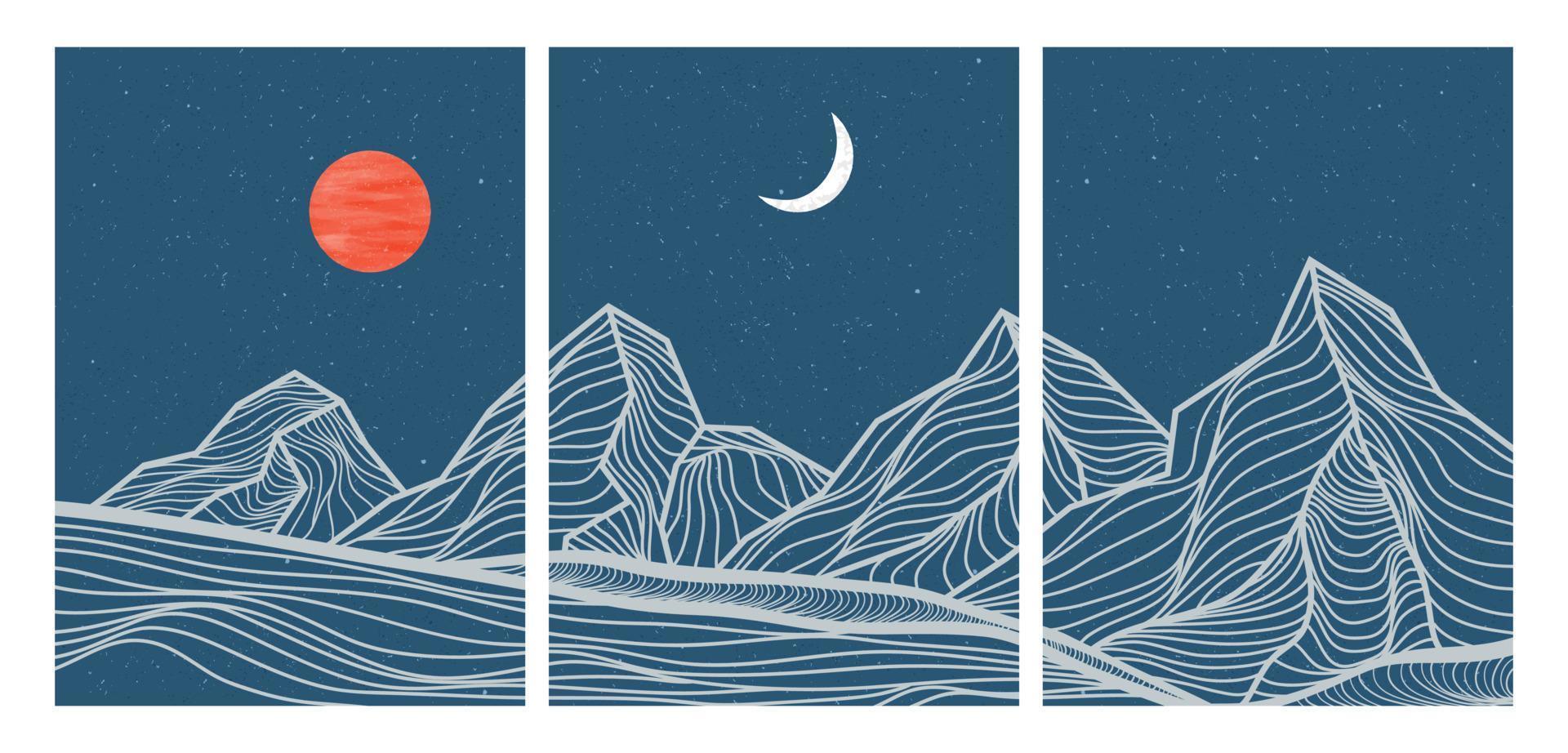 set di stampe creative e minimaliste moderne. paesaggi di sfondi estetici contemporanei di montagna astratta. con montagna, foresta, mare, orizzonte, onda. illustrazioni vettoriali