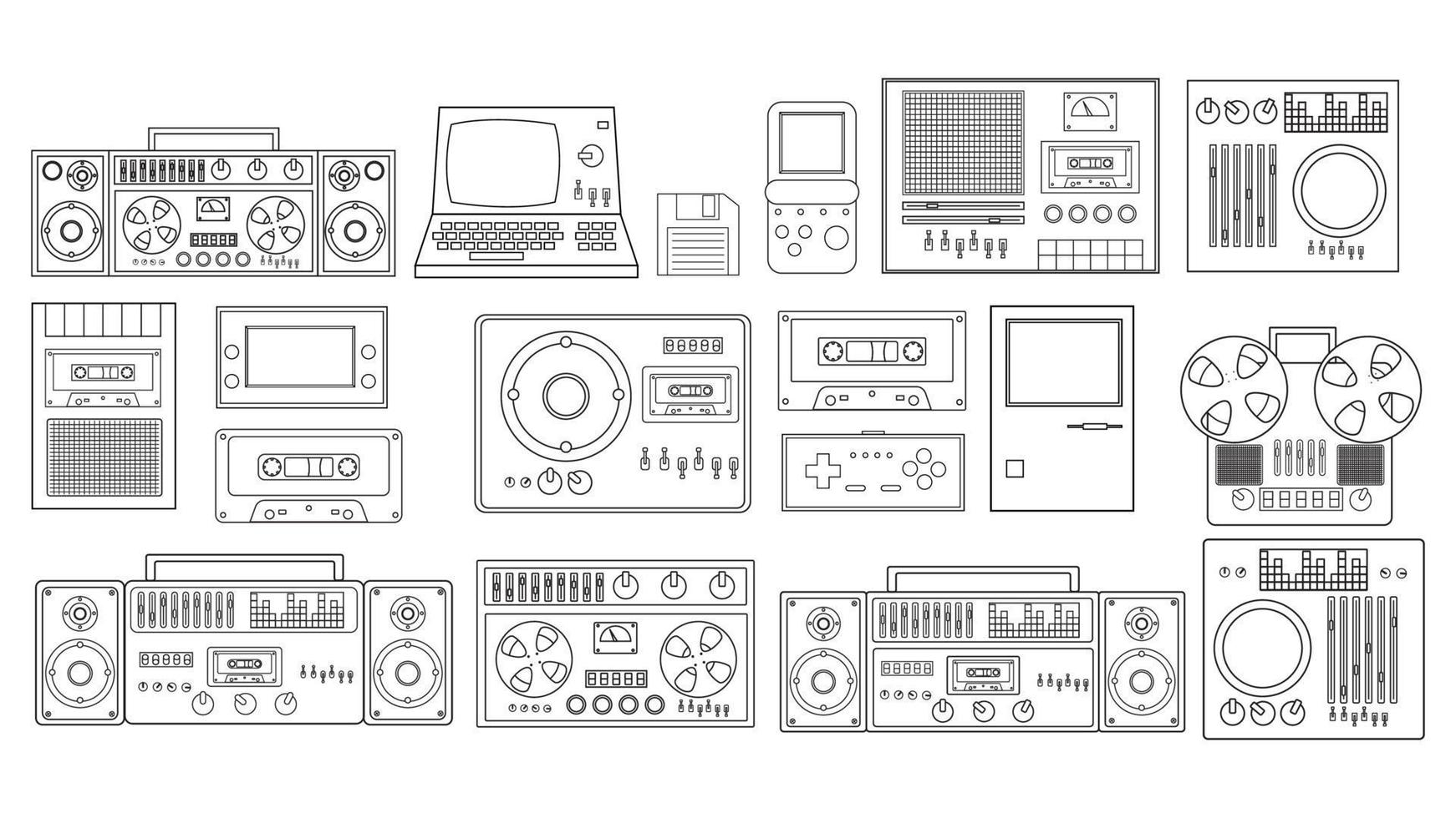 impostato di nero e bianca vecchio retrò Vintage ▾ fricchettone Tech elettronica cassetta Audio nastro registratore, computer, gioco console per video Giochi a partire dal il anni '70, anni 80, anni 90. vettore illustrazione