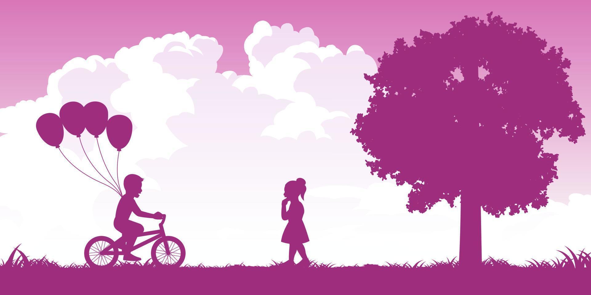 silhouette design di ragazzo cavalcata bicicletta e hold Palloncino per dare per il ragazza vettore