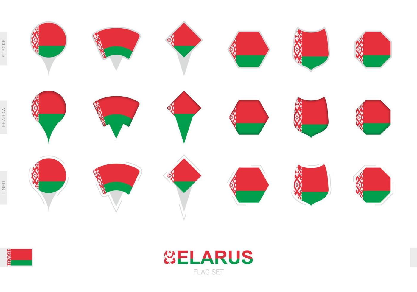 collezione di il bielorussia bandiera nel diverso forme e con tre diverso effetti. vettore