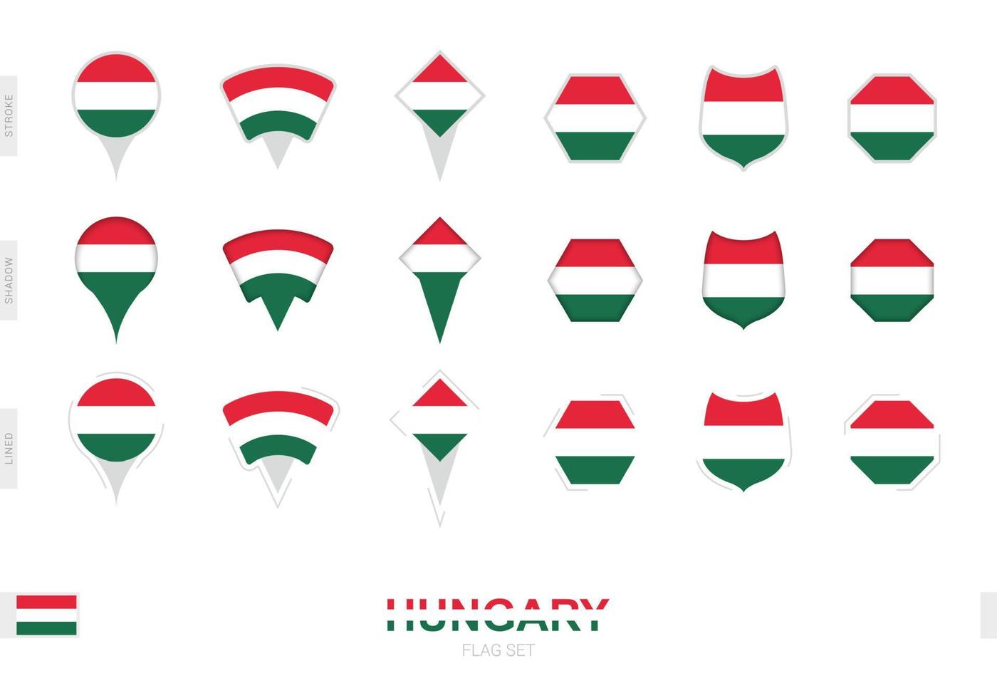 collezione di il Ungheria bandiera nel diverso forme e con tre diverso effetti. vettore