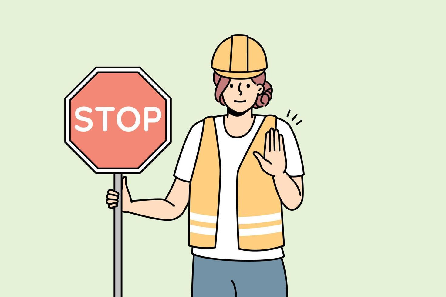 giovane donna nel uniforme Tenere fermare strada cartello nel mani. femmina lavoratore nel casco In piedi su strada mostrare fermare mano gesto. vettore illustrazione.