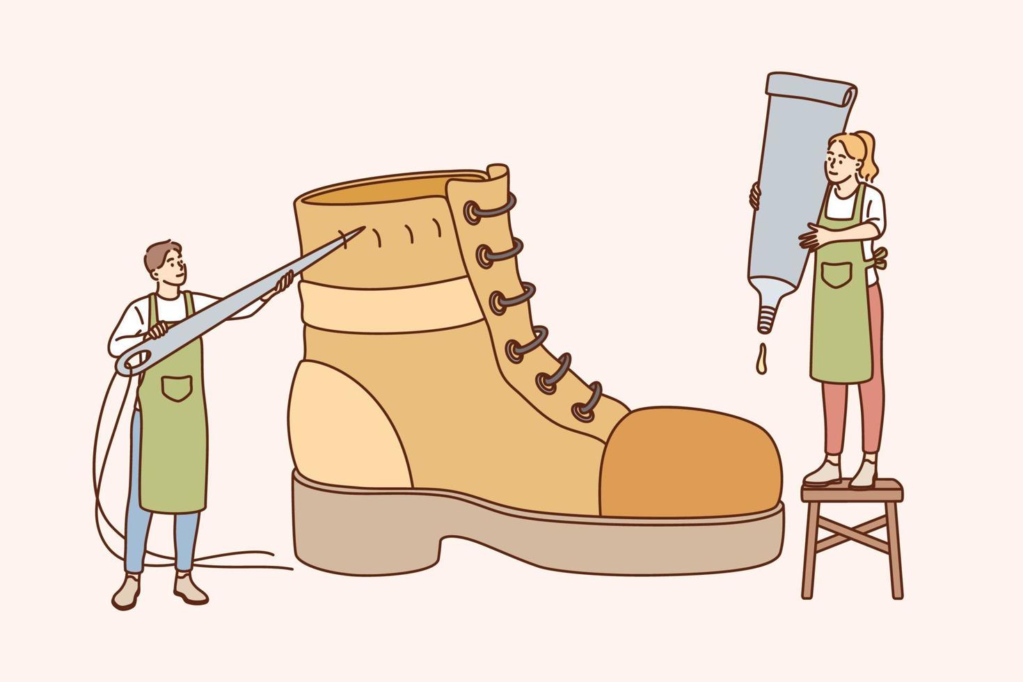 calzolaio e progettazione calzature concetto. maschio e femmina personaggi in piedi rammendo scarpa per fatto a mano scarpe, retrò produzione per i clienti vettore illustrazione