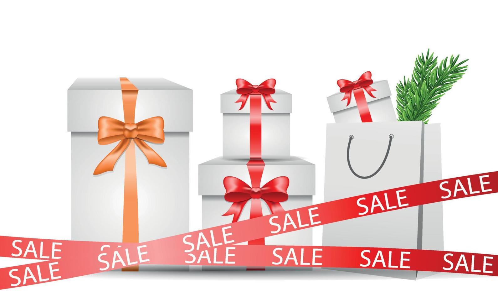 regalo scatole e pacchi con acquisti per Natale e nuovo anno, il concetto di un' speciale offerta, i saldi, acquisti. vendita per nuovo anno e Natale, acquisto i regali, illustrazione per pubblicità, segni vettore