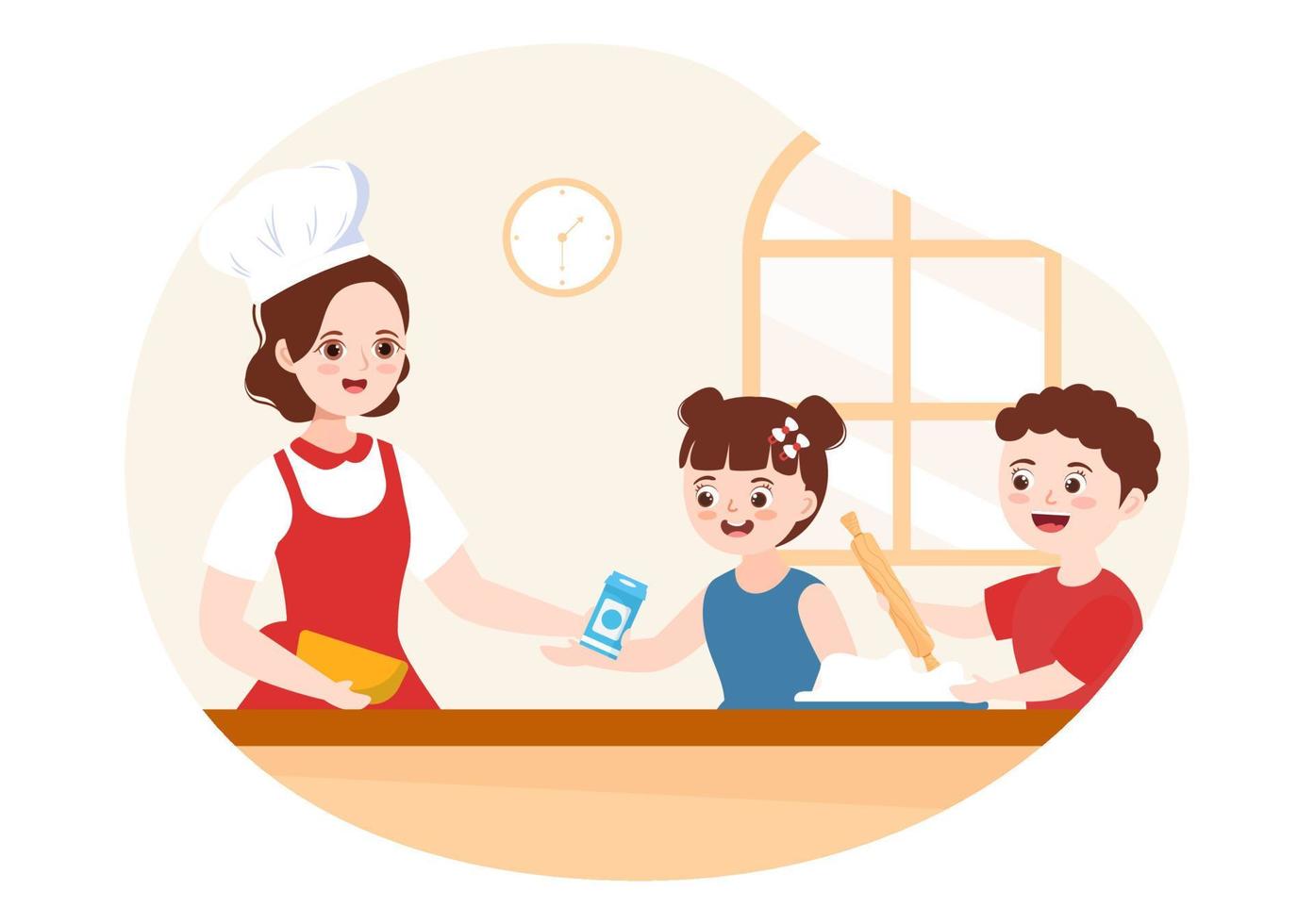 cucinando scuola con bambini e insegnante nel un' classe apprendimento per imparare cuochi fatti in casa cibo su piatto cartone animato mano disegnato modelli illustrazione vettore