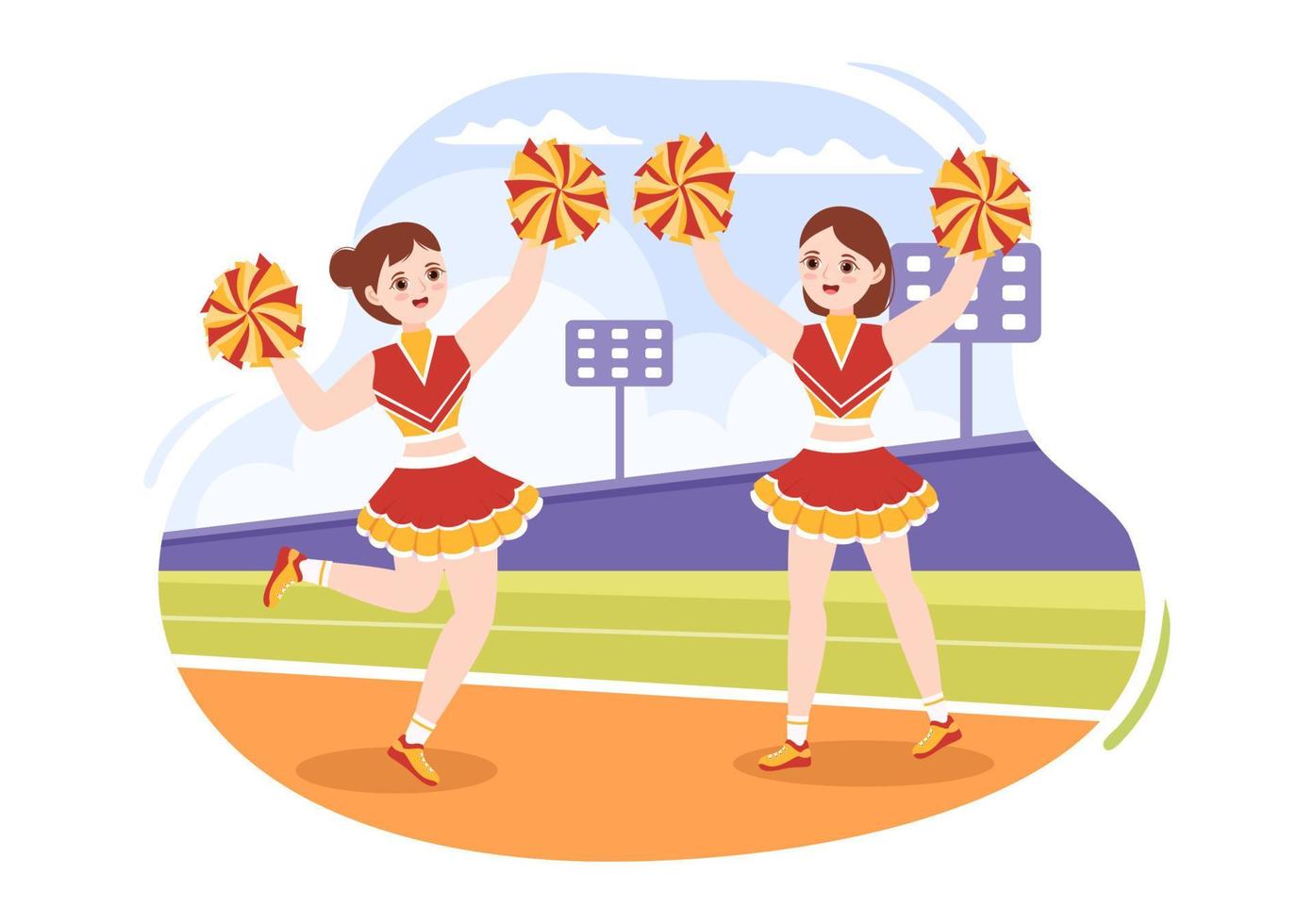 cheerleader ragazza con pompon di danza e salto per supporto squadra sport durante concorrenza su piatto cartone animato mano disegnato modelli illustrazione vettore