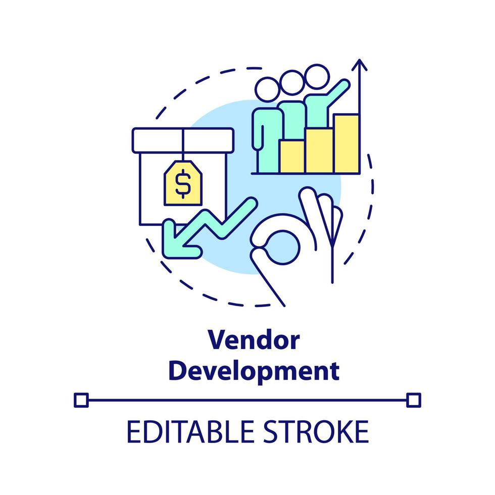 venditore sviluppo concetto icona. Reperimento strategia astratto idea magro linea illustrazione. fornitura catena gestione. isolato schema disegno. modificabile ictus. vettore