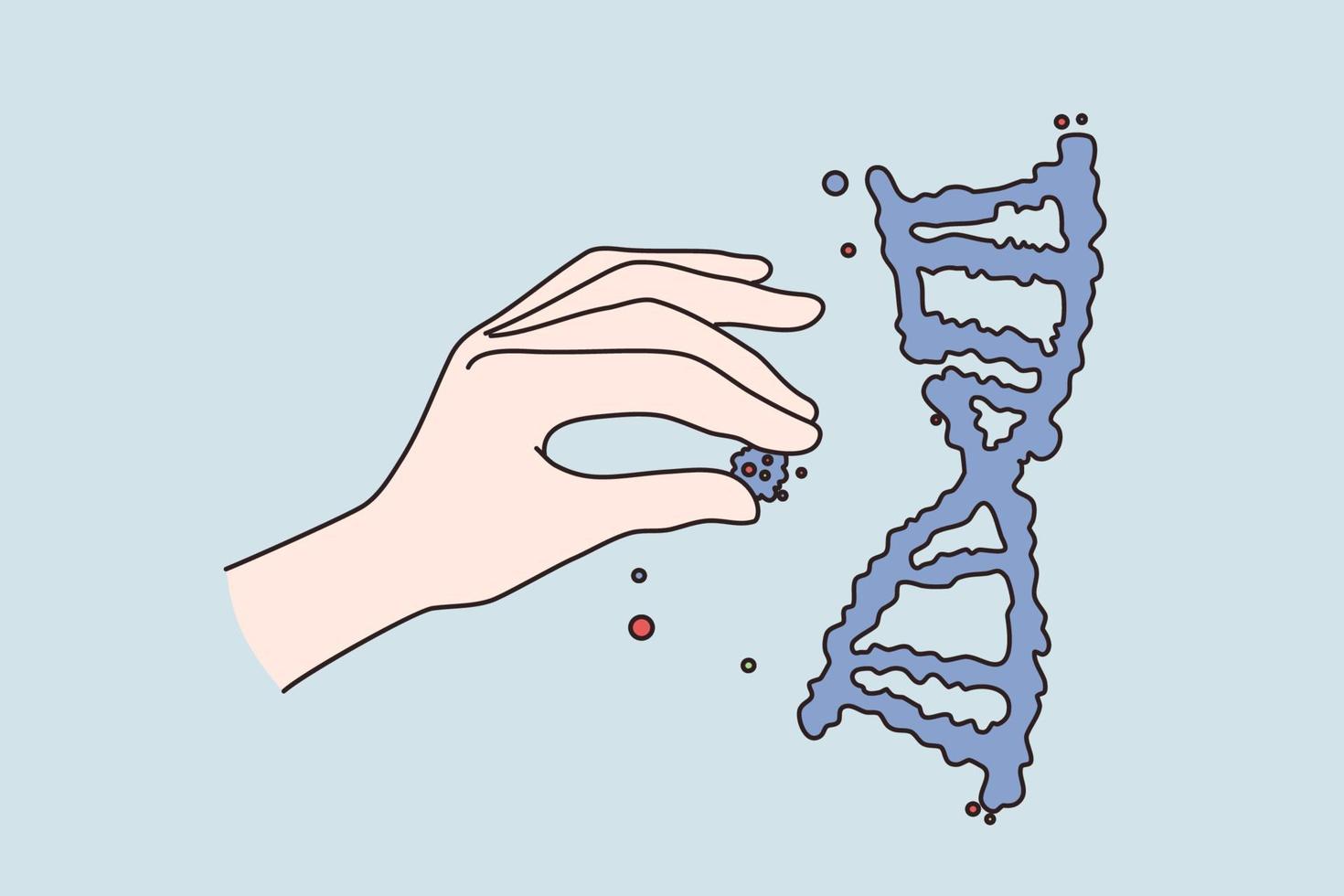 generico ingegneria scienza ricerca concetto. umano mano Tenere mettendo cellule per umano dna struttura ober blu sfondo vettore illustrazione