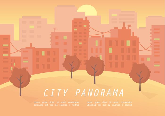 Illustrazione calda di vettore di panorama della città di tramonto
