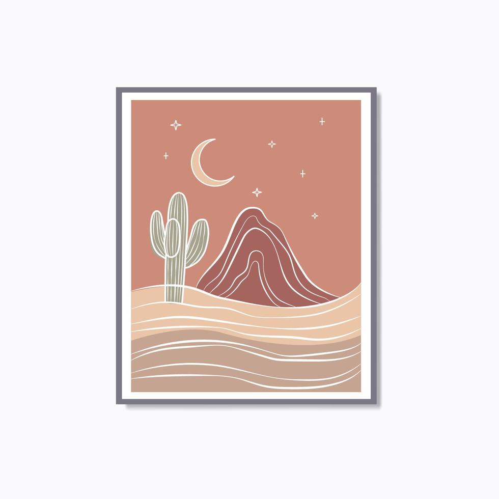 boho moderno lineare deserto cactus Luna e montagna Vintage ▾ retrò parete arte manifesto vettore