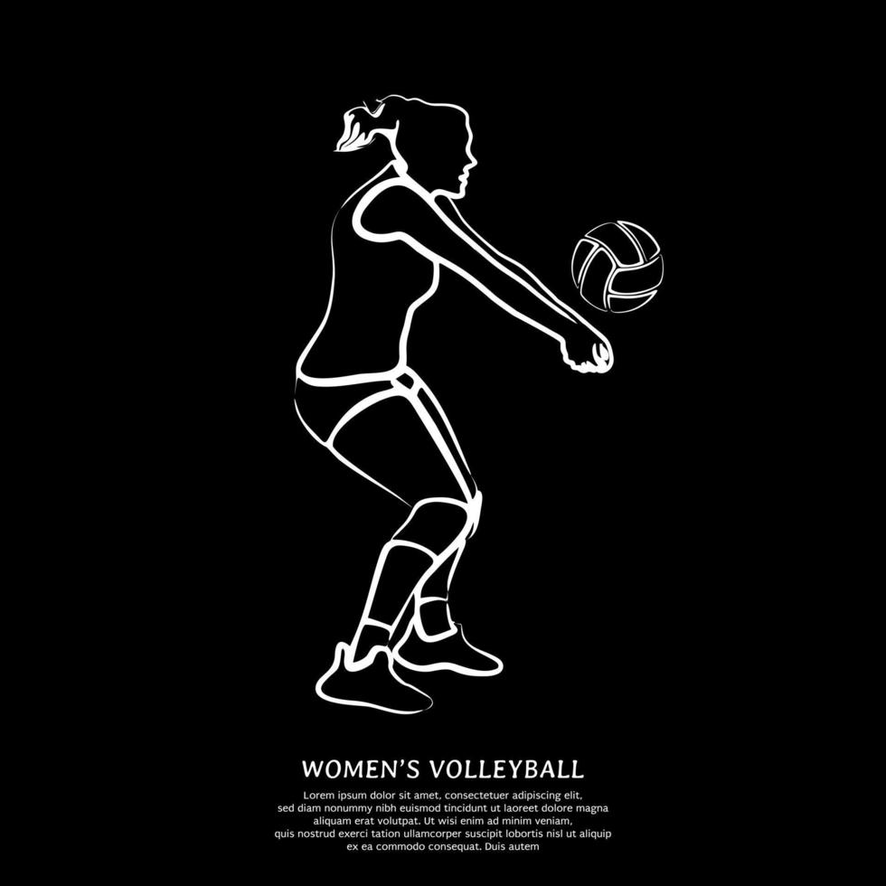 bianca linea arte di femmina pallavolo giocatore isolato su nero sfondo. vettore illustrazione