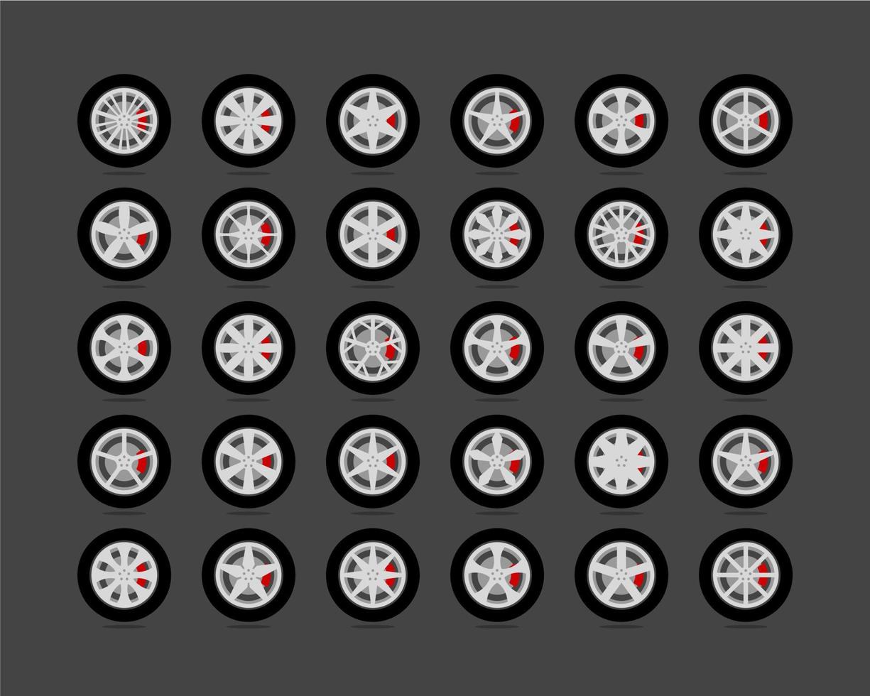 impostato pneumatici e ruote. disco ruota auto icona vettore. vettore