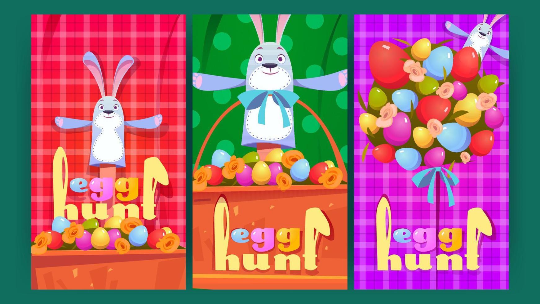 uovo caccia manifesto con carino coniglietto, Pasqua volantini vettore