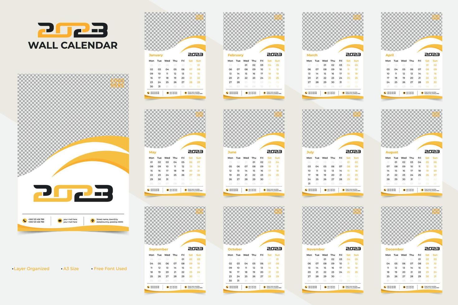 moderno e creativo parete calendario 2023 modello design vettore