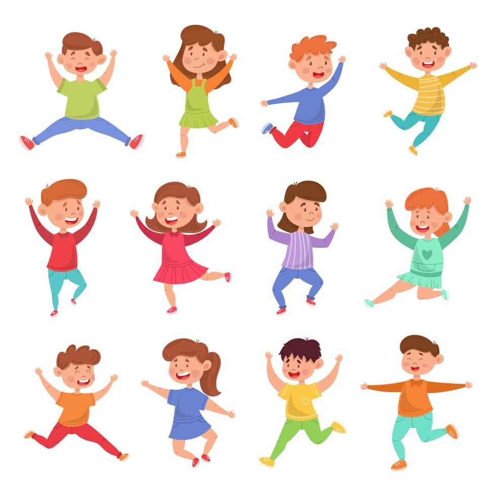 impostato di contento allegro carino bambini con gioia salto e danza divertente. ragazze e ragazzi nel vario pose e Abiti. colorato semplice piatto cartone animato stile. isolato vettore illustrazione.