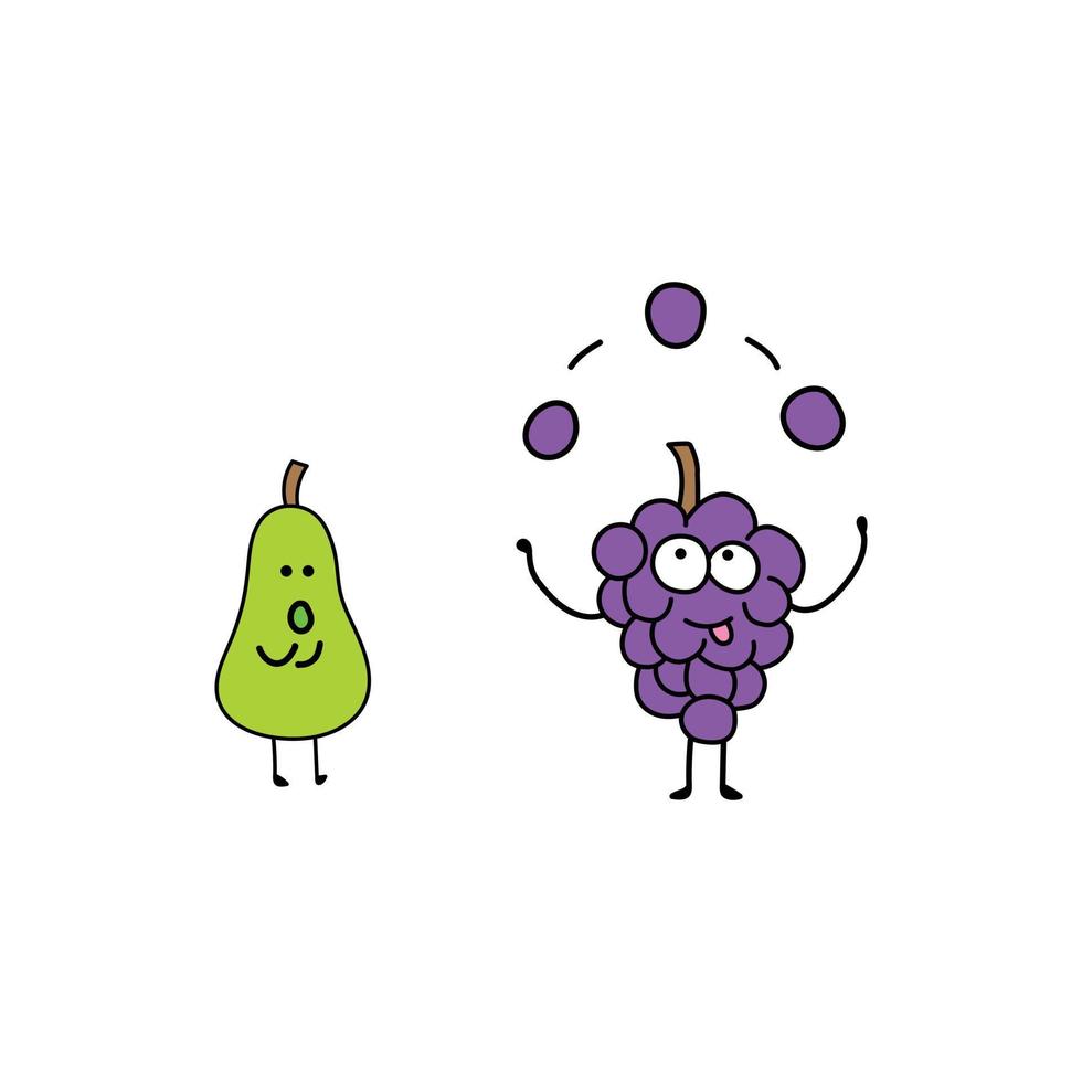 bambini disegno stile divertente frutta uva giocoleria con Pera Guardando esso nel un' cartone animato stile vettore