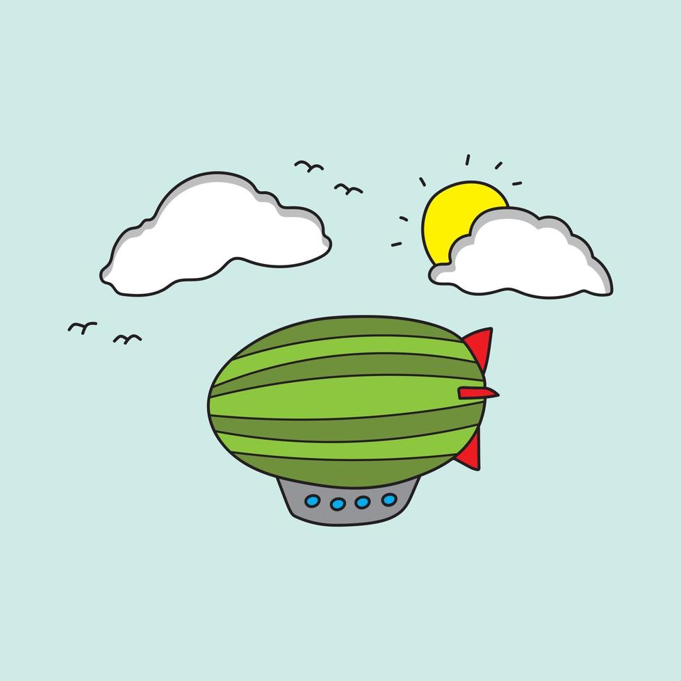 illustrazione vettore grafico bambini disegno stile divertente verde zeppelin volante nel il cielo nel un' cartone animato stile.